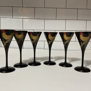 VTG 1920'S Japanese GOLD-BLACK ONAGADORI ROOSTER LACQUERWARE STEMWARE